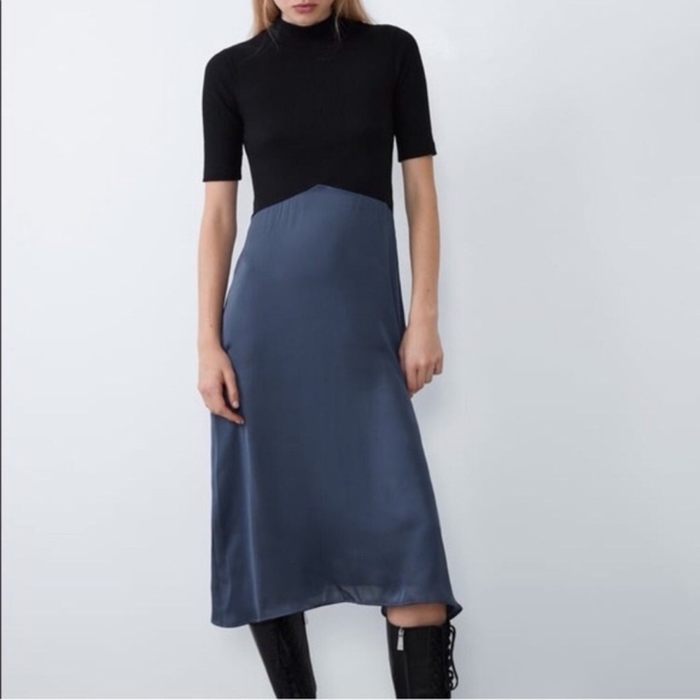 ZARA Knit Satin Combination High Neck Grey Black Flowy Midi Dress Size S - Picture 2 of 7